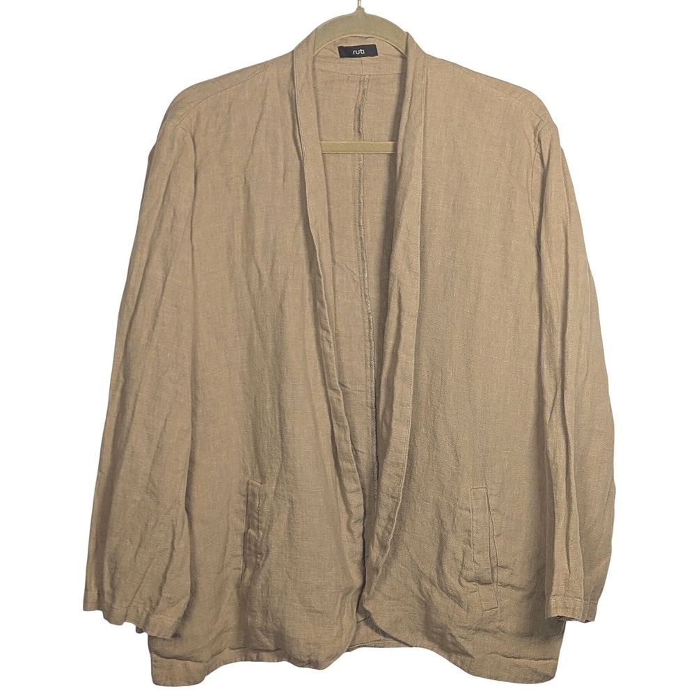 Ruti Tan Khaki 100% Linen Open Front Cardigan Easy Jacket Pockets Sz 5